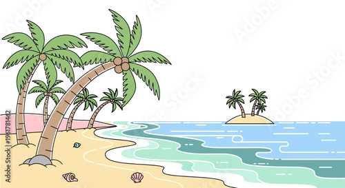 Palm trees on sandy beach shore.