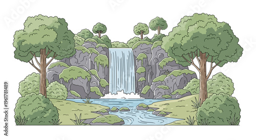 Waterfall cascading down rocky cliffside scenery.