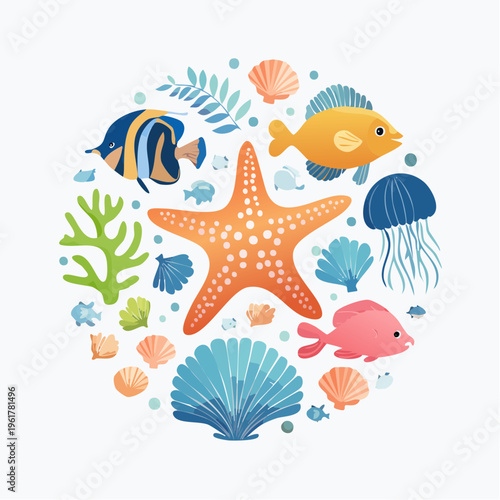 Underwater world illustration with starfish, fish, shells and jellyfish in a circle