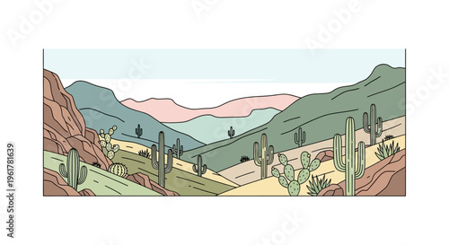 Desert Landscape with Cacti Plants.