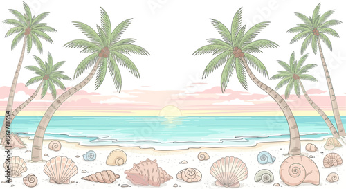 Seashells on sandy beach shore line.