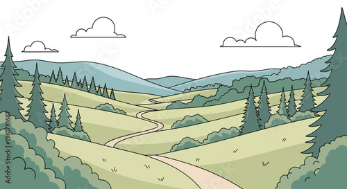 Dirt Road Through Green Hills.