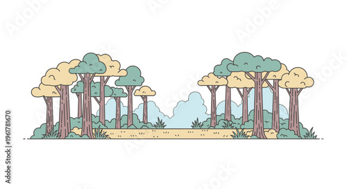 Trees with green and yellow leaves.