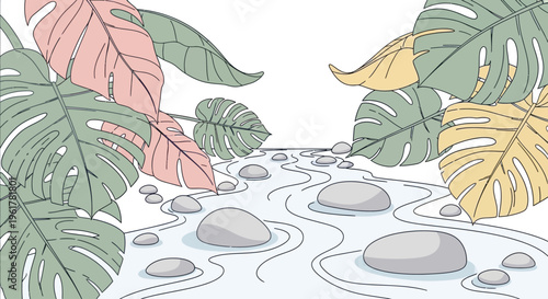 Tropical leaves in pink and green.