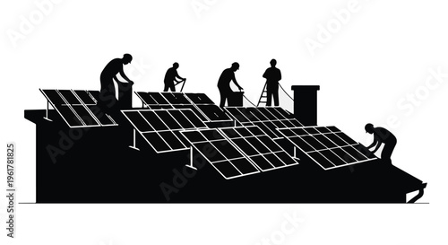 Workers installing solar panels on a rooftop, symbolizing renewable energy.