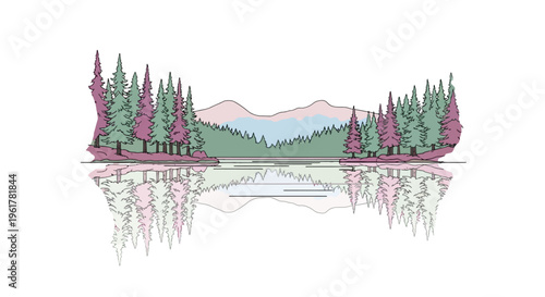 Evergreen Trees Reflected in Water Surface.