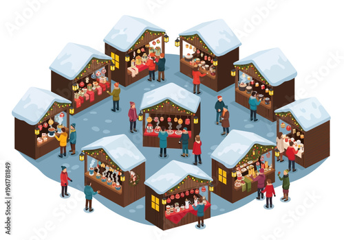 Charming Christmas market with people browsing festive stalls under warm lights