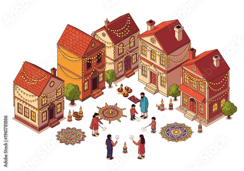 Diwali celebration with family and friends lighting diyas and making rangoli in front of houses