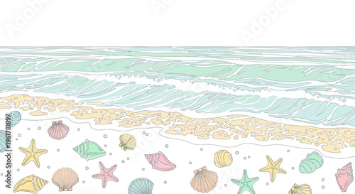Colorful seashells and starfish on sand.