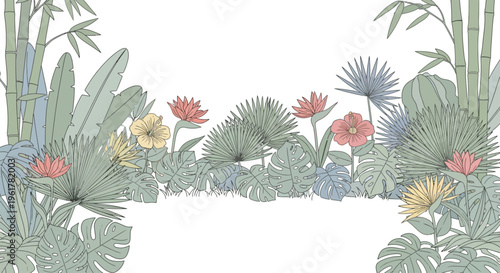 Tropical plants with colorful flowers.