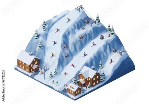 Winter mountain resort with ski slopes, ski lifts, and chalets