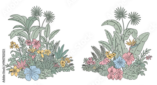 Colorful flowers and green leaves arrangement.