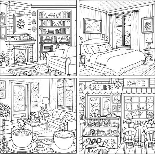 Vintage hand drawn vector illustration of a seamless pattern featuring the interior architecture and construction of an old city house room