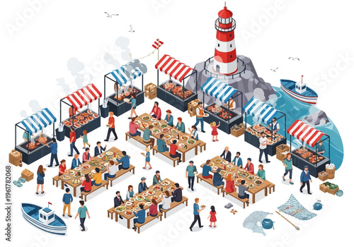 Seaside festival with food stalls, long tables for dining, and a lighthouse on a rocky outcrop