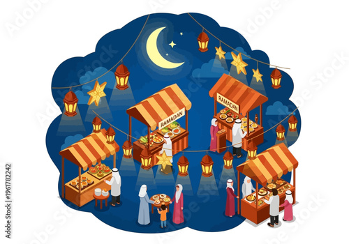 Ramadan night market with food stalls, lanterns, and crescent moon, illustrating cultural celebrations and community gatherings