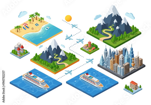 Travel and vacation destinations, from tropical beaches to mountain resorts and cityscapes