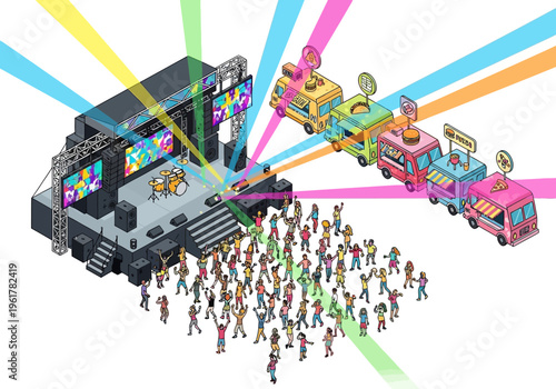 Isometric stage with performers and audience, with food trucks broadcasting a show in a vibrant festival setting