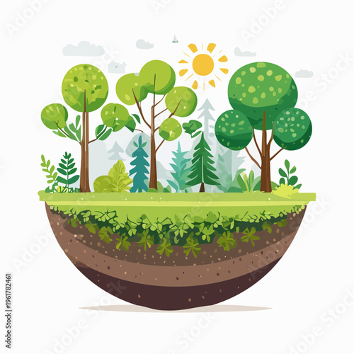 Vibrant ecosystem illustration showcasing lush green trees and a sunny sky