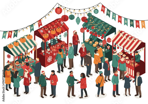 Festive outdoor holiday market with diverse people shopping at decorated stalls under string lights