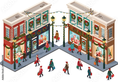 Festive holiday shoppers browse decorated storefronts on a charming city street during the Christmas season
