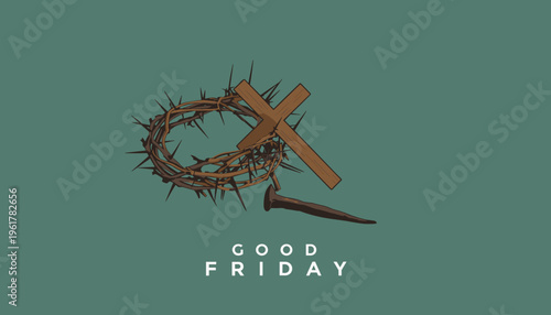 Delightful Happy Easter illustration featuring three cute bunnies and a basket of eggs in a spring landscape.