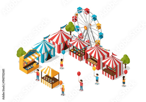 Amusement park with Ferris wheel and stalls, vibrant scene, funfair entertainment