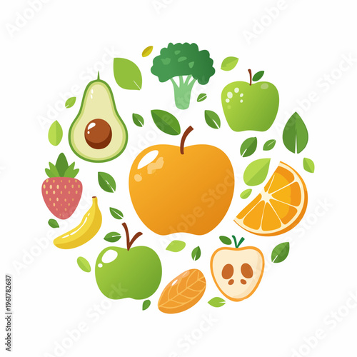 A vibrant circular arrangement of fresh fruits and vegetables showcasing a healthy lifestyle