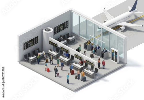 Isometric view of airport terminal with passengers and airplane