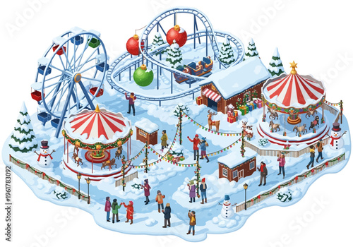 Winter amusement park with festive decorations, roller coaster, Ferris wheel, and carousel, people enjoying the holiday season