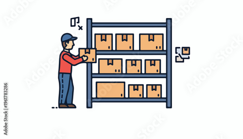 A warehouse worker in a red shirt and blue cap places a box on a shelving unit with multiple stacked boxes in a warehouse logistics system