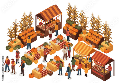 Autumn Harvest Festival Scene with People Shopping at Outdoor Stalls