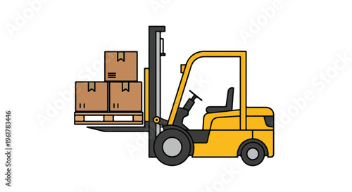 A yellow forklift with cardboard boxes on its pallet in a warehouse logistics system