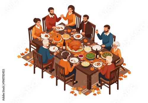 A diverse family gathers for a festive Thanksgiving dinner, enjoying a bountiful feast around a decorated table