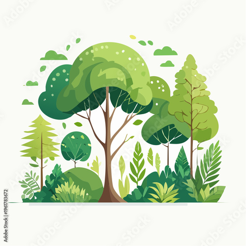Vibrant Green Forest Landscape with Lush Trees and Foliage Illustration