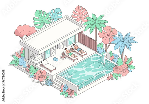 Tropical Isometric Villa with Infinity Pool and Sunbathers, Lush Foliage, and Palm Trees