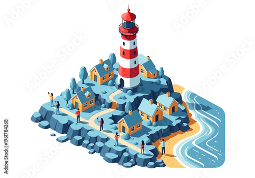 Charming coastal village with a lighthouse overlooking a serene ocean vista, featuring quaint houses and a winding pathway