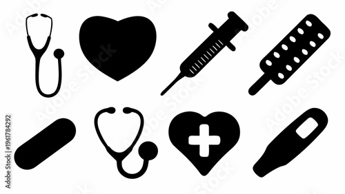 Black silhouette medical icons set including stethoscope heart syringe pills and thermometer on white background