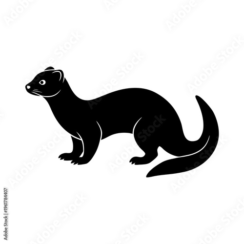 Silhouette of weasel or stoat, side view, black illustration on transparent background, small mammal