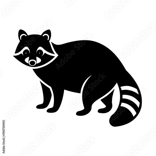 Black silhouette of raccoon animal standing on transparent background, masked mammal cartoon