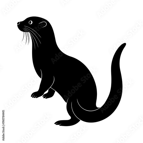 Black silhouette of otter animal sitting isolated on transparent background, cute wildlife mammal