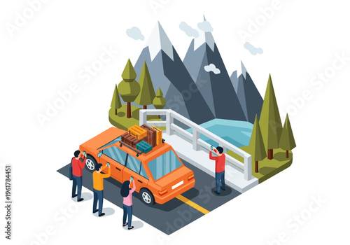 Family Adventure Road Trip Exploring Scenic Mountains and Lakes in a Loaded Car