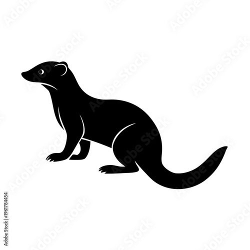 Black silhouette of a stoat or weasel animal side view isolated on transparent background