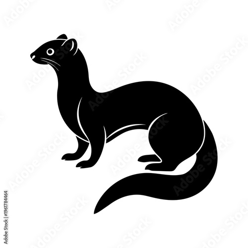 Black silhouette of a cute stoat weasel predator animal with long tail profile view isolated on transparent