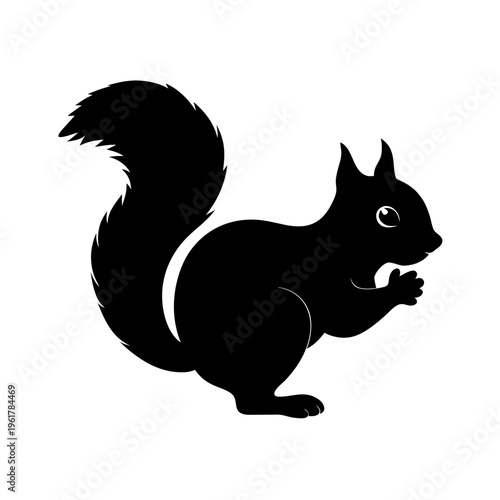 Black silhouette of squirrel animal sitting on transparent background, bushy tail rodent