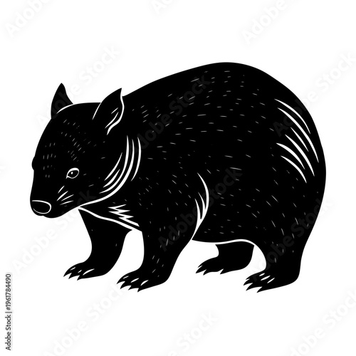 Black silhouette of a wombat marsupial animal walking with short legs profile view isolated on transparent