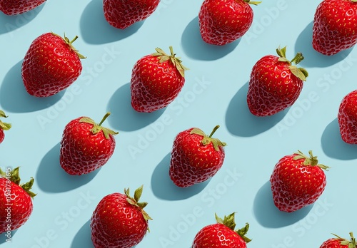 Fresh red strawberries arranged in a repeating pattern on a light blue background with strong shadows.