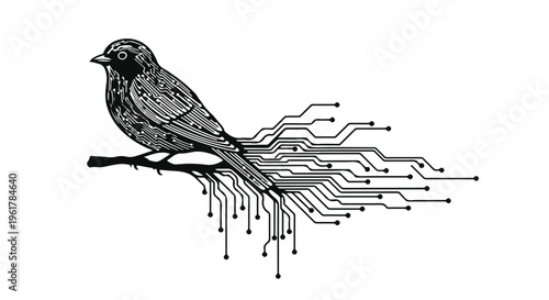 Bird with integrated circuit tail symbolizes technology and nature connection