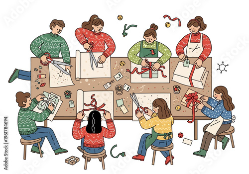 A group of people are happily engaged in wrapping Christmas gifts together around a table