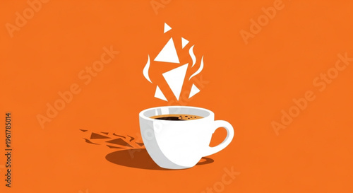 Steaming white coffee cup with abstract steam rising on vibrant orange background