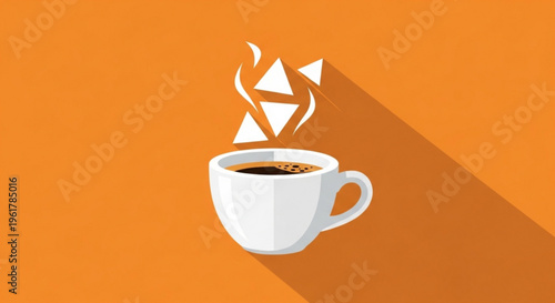 Steaming hot white coffee cup on vibrant orange background with abstract steam design